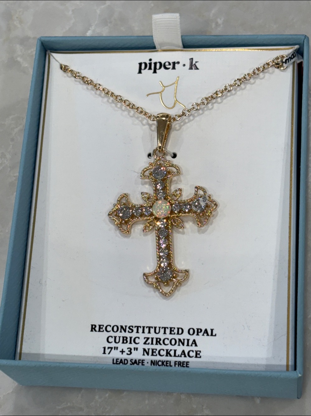 NIB Piper K Gold Cross Necklace with Opal and Zirconia